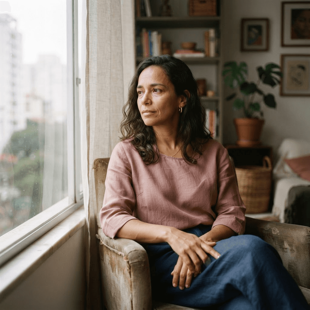 Mulher em um momento tranquilo de pausa junto à janela